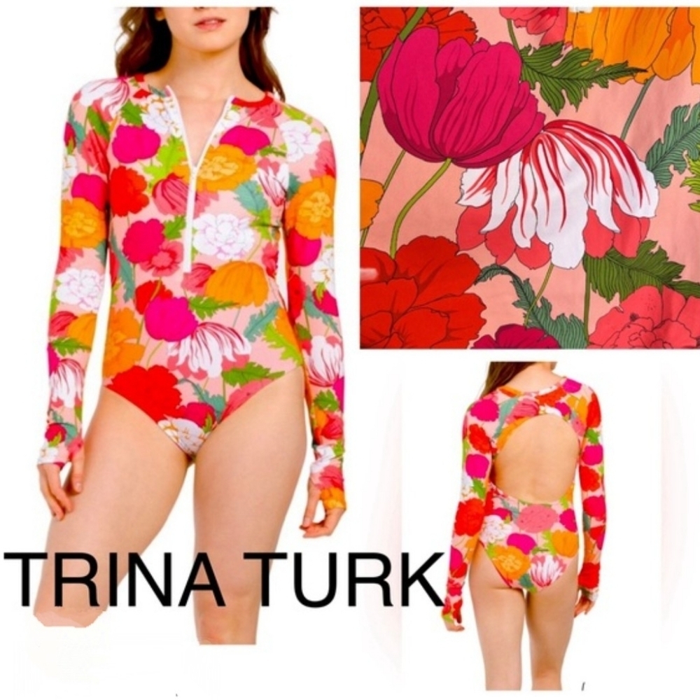 Trina Turk Pink Red Orange Floral Long-Sleeve One-Piece Swimsuit